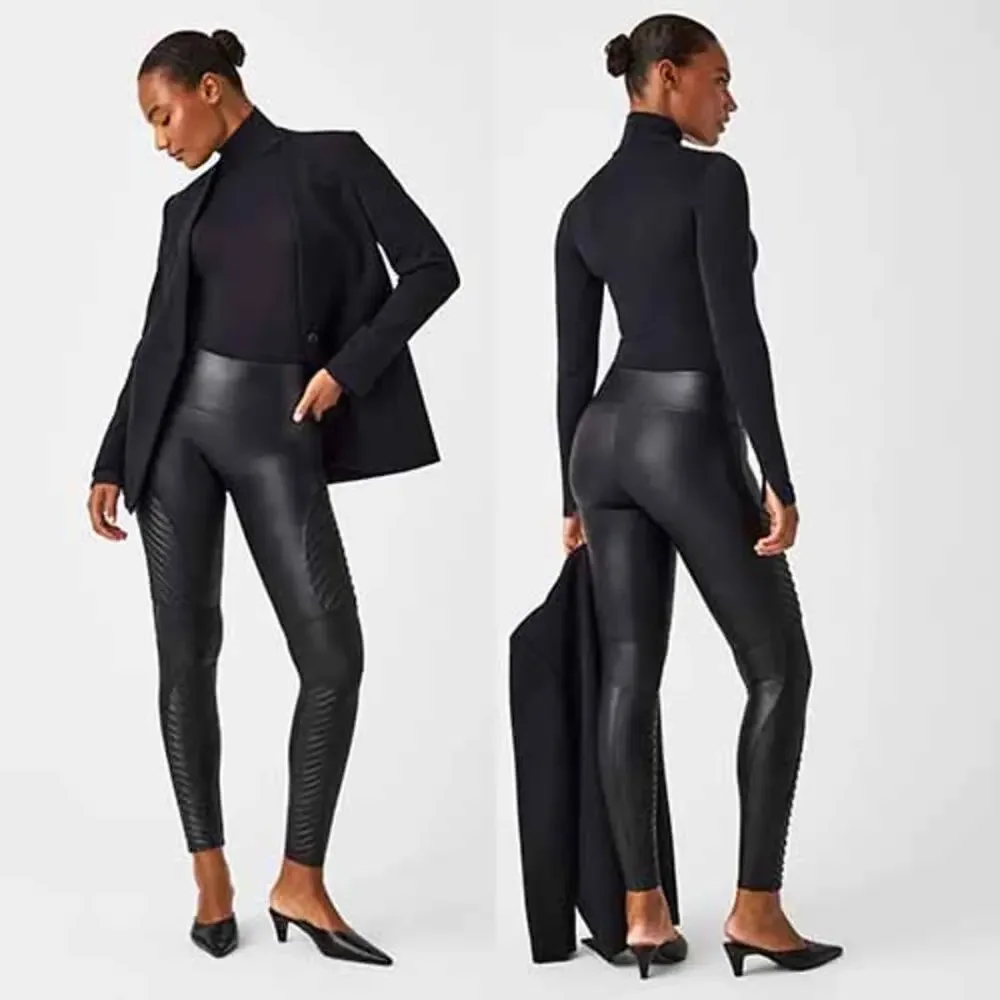NEW SPANX Faux Leather Moto High-Waisted Fitted Leggings Very Black Size: Medium